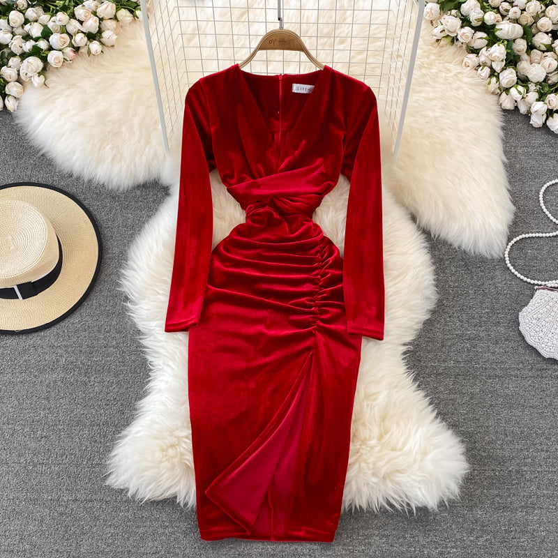 Simple V Neck Velvet Long Sleeve Dress Fashion Dress RF0179