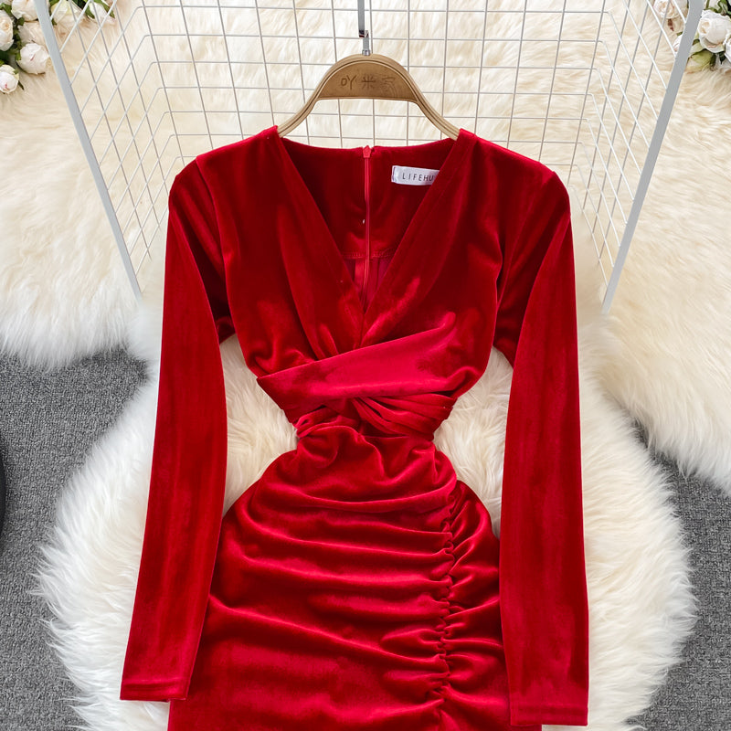 Simple V Neck Velvet Long Sleeve Dress Fashion Dress RF0179