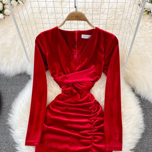 Simple V Neck Velvet Long Sleeve Dress Fashion Dress RF0179