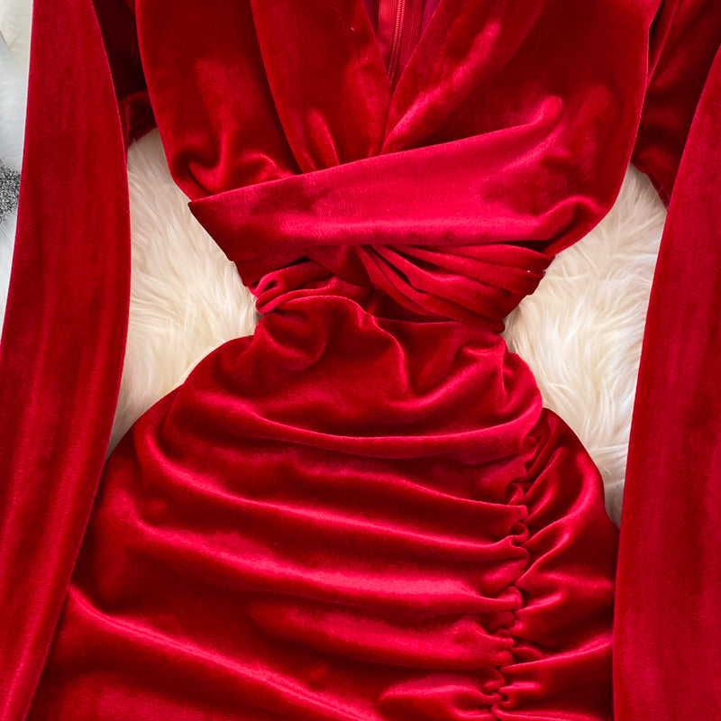 Simple V Neck Velvet Long Sleeve Dress Fashion Dress RF0179