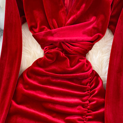 Simple V Neck Velvet Long Sleeve Dress Fashion Dress RF0179