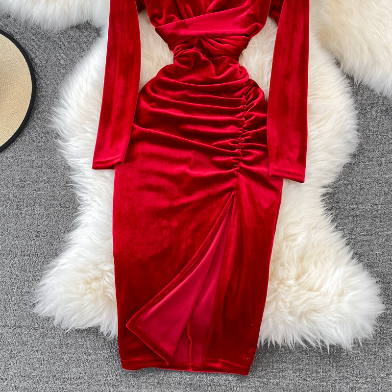 Simple V Neck Velvet Long Sleeve Dress Fashion Dress RF0179