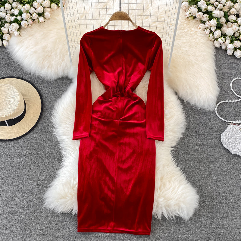 Simple V Neck Velvet Long Sleeve Dress Fashion Dress RF0179