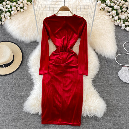 Simple V Neck Velvet Long Sleeve Dress Fashion Dress RF0179