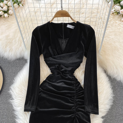 Simple V Neck Velvet Long Sleeve Dress Fashion Dress RF0179