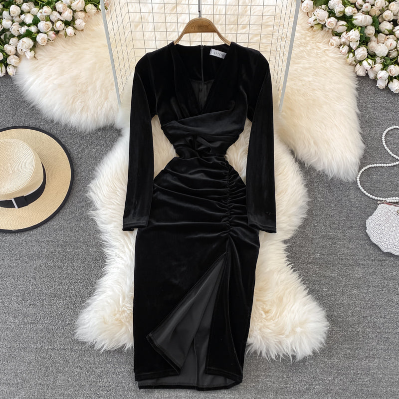 Simple V Neck Velvet Long Sleeve Dress Fashion Dress RF0179