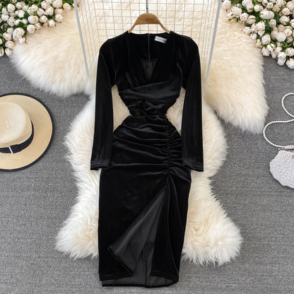 Simple V Neck Velvet Long Sleeve Dress Fashion Dress RF0179