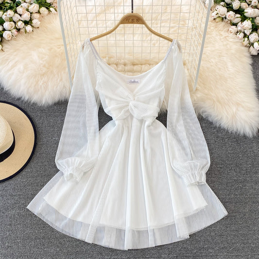 White V Neck Short Dress A Line Long Sleeve Dress RF0176