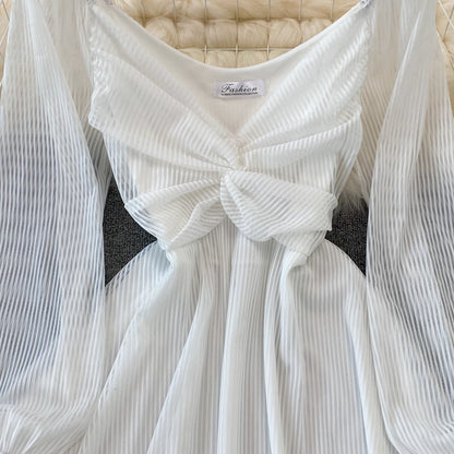 White V Neck Short Dress A Line Long Sleeve Dress RF0176