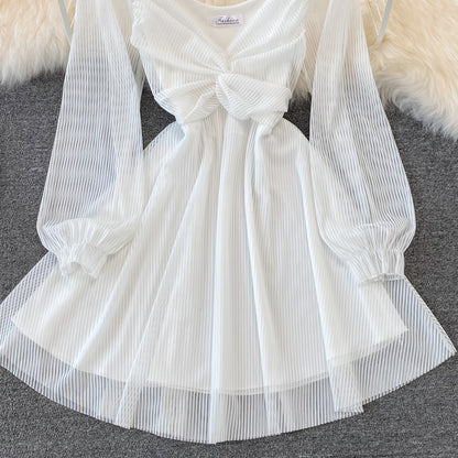 White V Neck Short Dress A Line Long Sleeve Dress RF0176