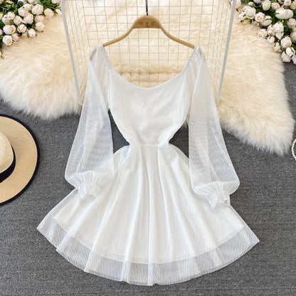 White V Neck Short Dress A Line Long Sleeve Dress RF0176