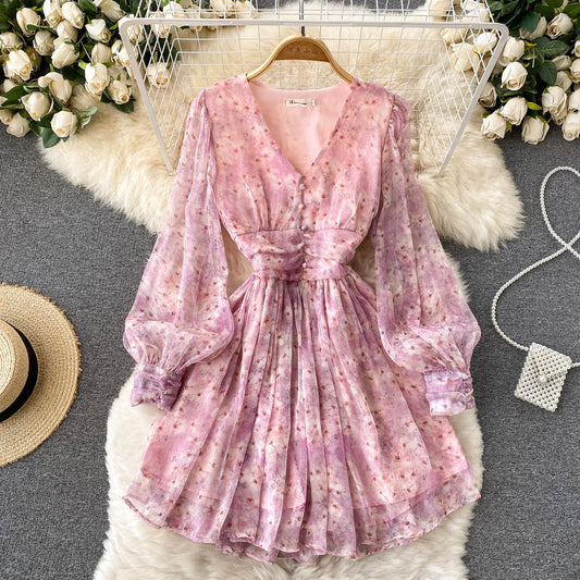 Pink V-neck Floral Short Dress A Line Fashion Dress RF0171