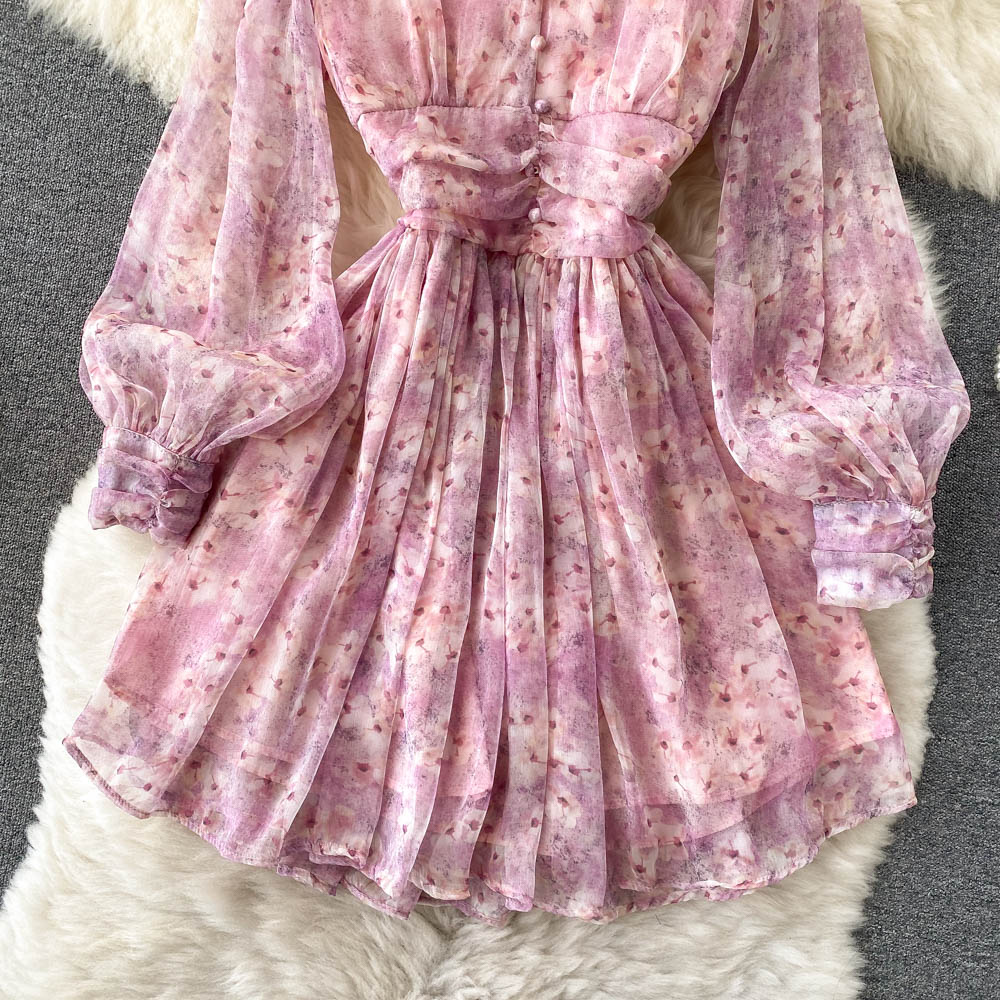 Pink V-neck Floral Short Dress A Line Fashion Dress RF0171