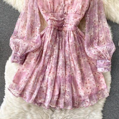 Pink V-neck Floral Short Dress A Line Fashion Dress RF0171