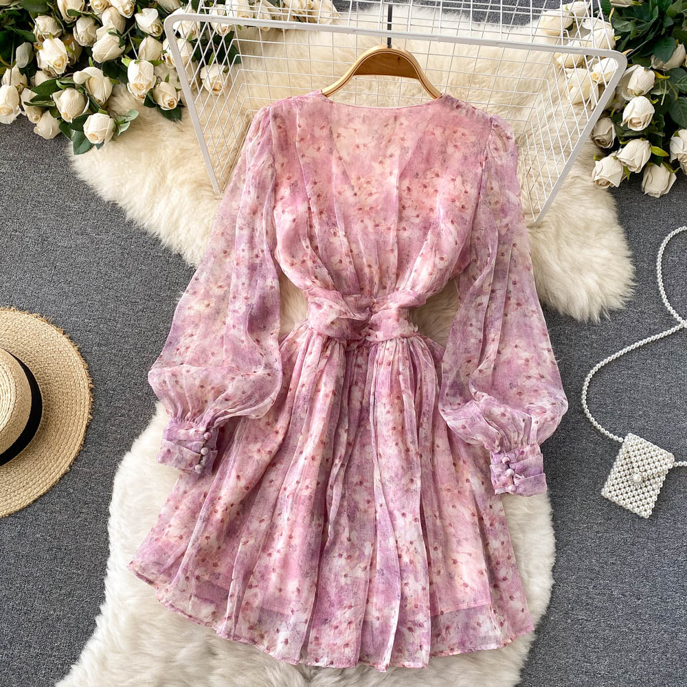 Pink V-neck Floral Short Dress A Line Fashion Dress RF0171