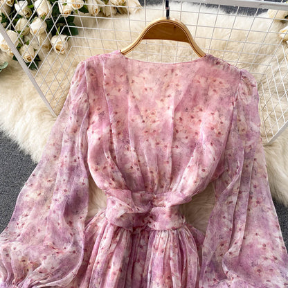Pink V-neck Floral Short Dress A Line Fashion Dress RF0171