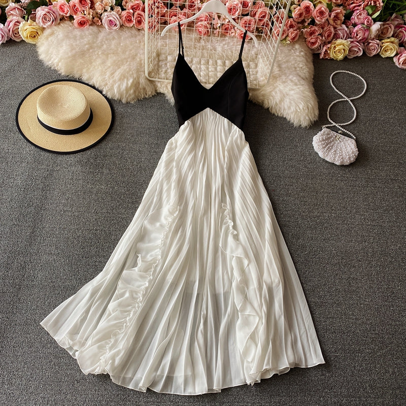 Cute V Neck A Line Dress Black And White Fashion Dress RF0169