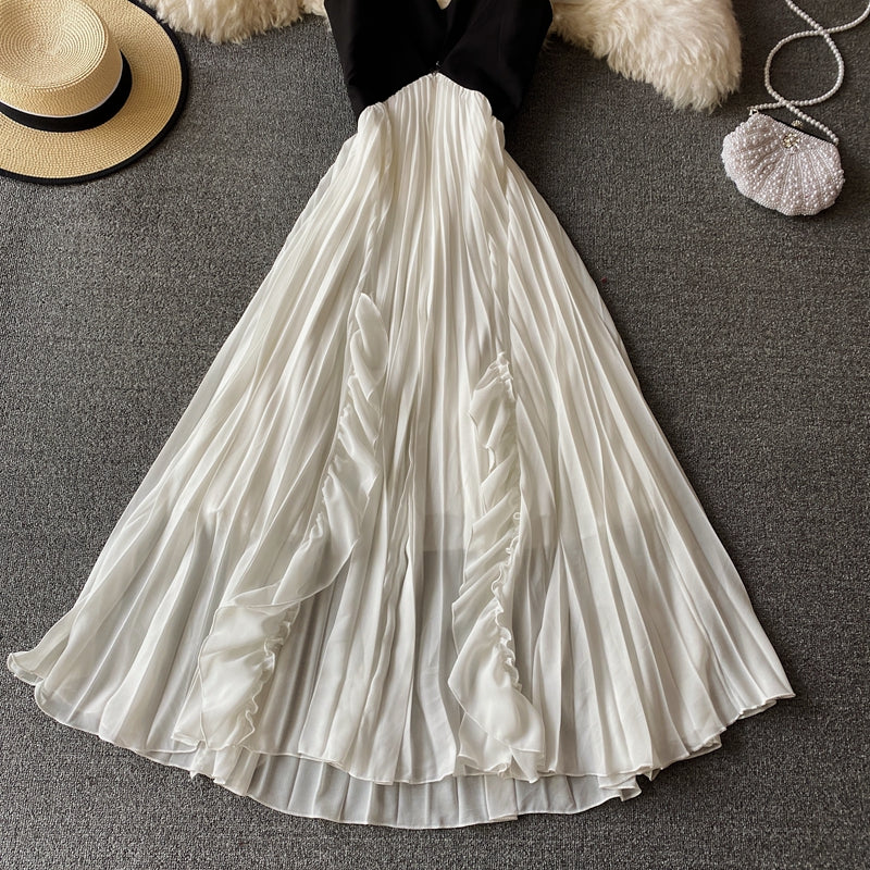 Cute V Neck A Line Dress Black And White Fashion Dress RF0169