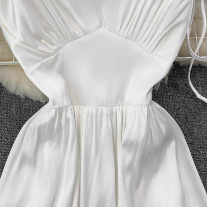 Simple V Neck Short White Dress Fashion Girls Dress RF0164
