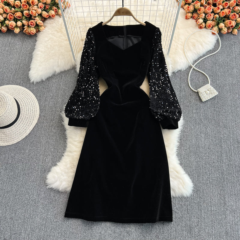 Black Velvet Sequins Short Dress Fashion Dress RF0161