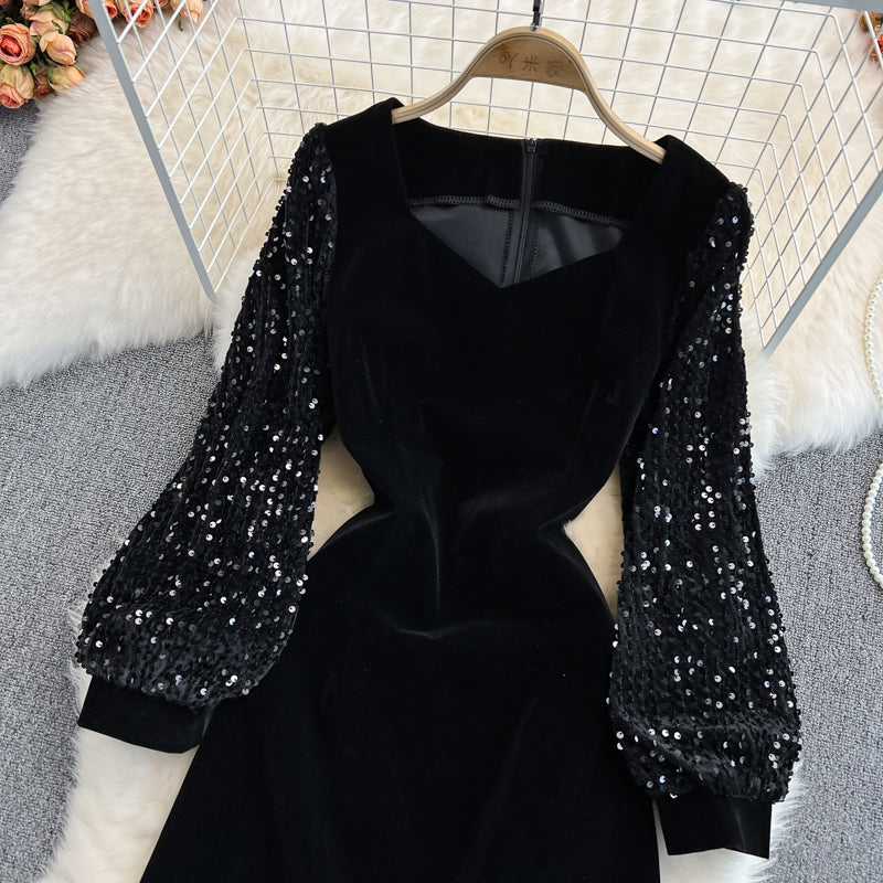 Black Velvet Sequins Short Dress Fashion Dress RF0161