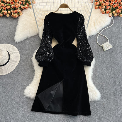 Black Velvet Sequins Short Dress Fashion Dress RF0161