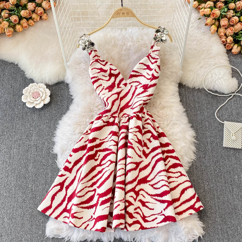 Cute V-neckline Zebra Print Short Dress RF0158