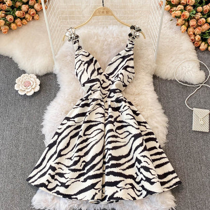 Cute V-neckline Zebra Print Short Dress RF0158