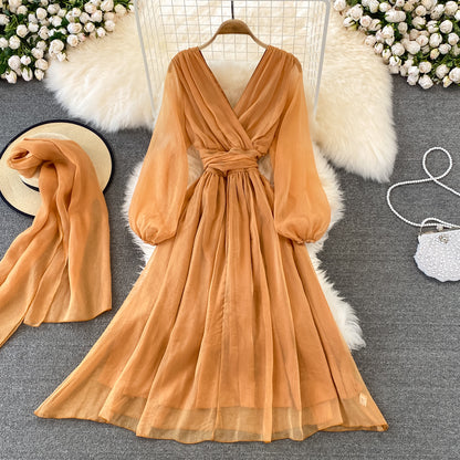 Cute V Neck Soft Chiffon Dress Fashion Girl Dress And Scarf RF0156