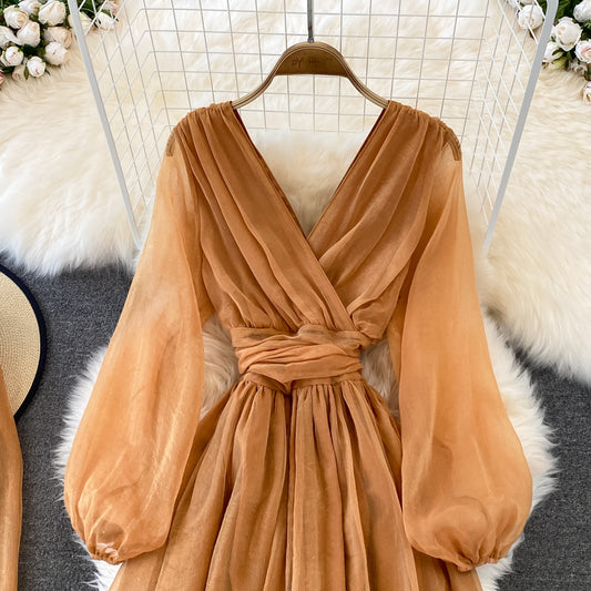 Cute V Neck Soft Chiffon Dress Fashion Girl Dress And Scarf RF0156