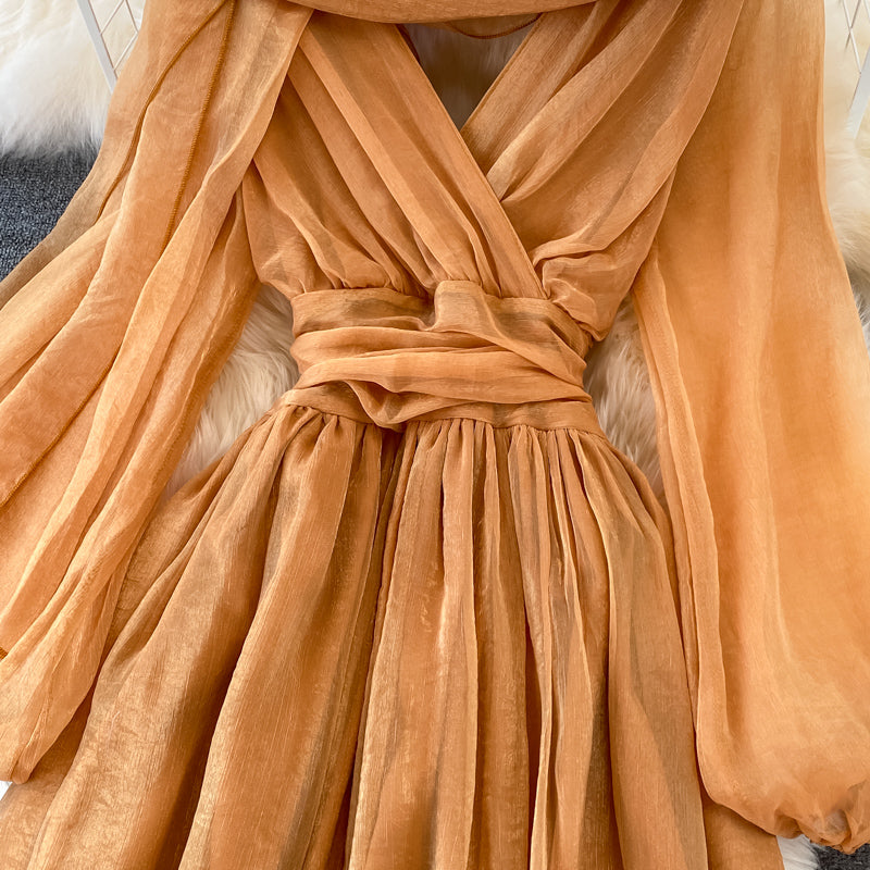 Cute V Neck Soft Chiffon Dress Fashion Girl Dress And Scarf RF0156