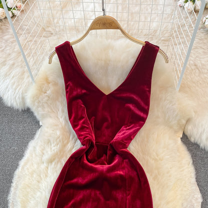 Sexy V Neck Velvet Long Dress Fashion Dress RF0151