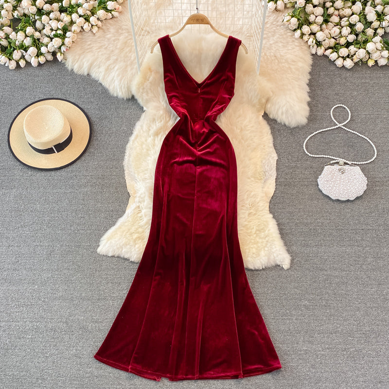 Sexy V Neck Velvet Long Dress Fashion Dress RF0151