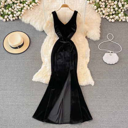 Sexy V Neck Velvet Long Dress Fashion Dress RF0151