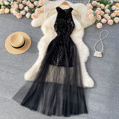 Halter Neck Sequin Dress With Mesh Net RF0148