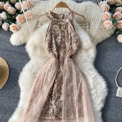 Halter Neck Sequin Dress With Mesh Net RF0148