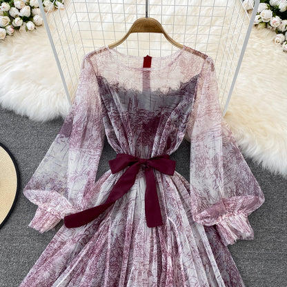 Retro Ink Print Long Sleeve Dress RF0145