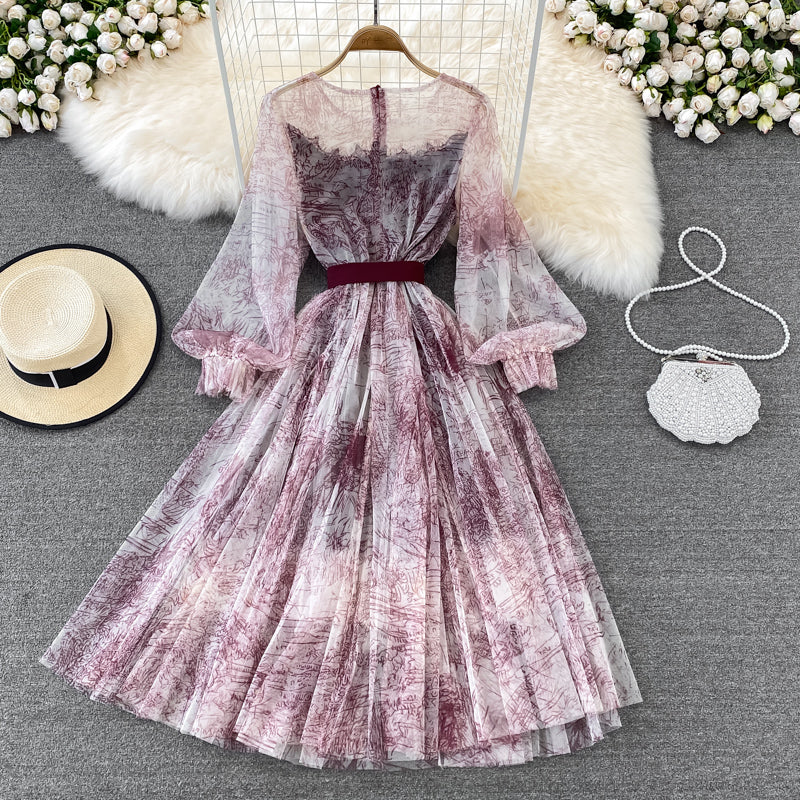 Retro Ink Print Long Sleeve Dress RF0145