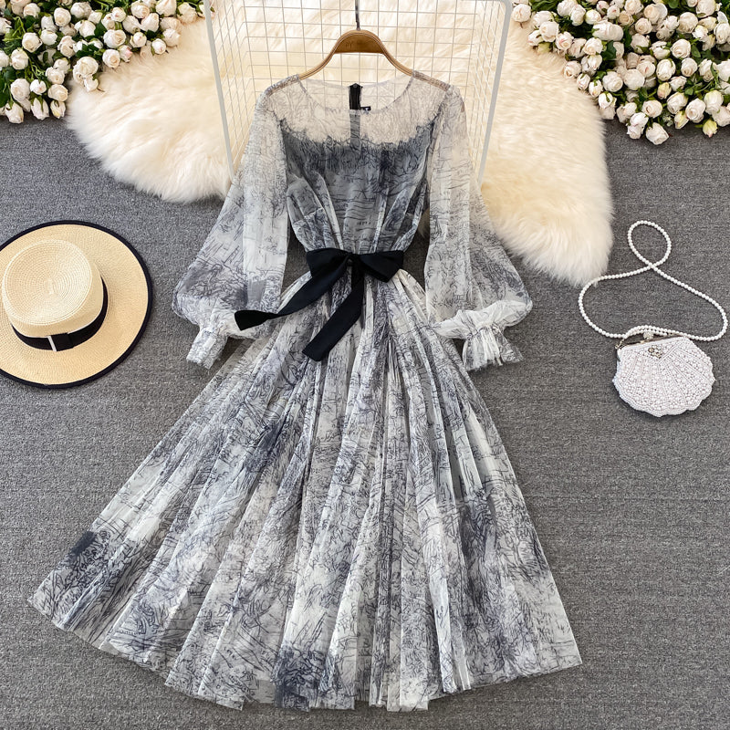 Retro Ink Print Long Sleeve Dress RF0145