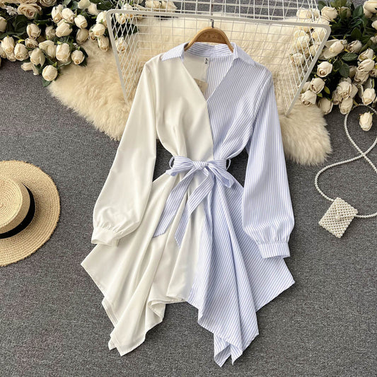 Fashionable Striped Long-sleeved Irregular Dress RF0140
