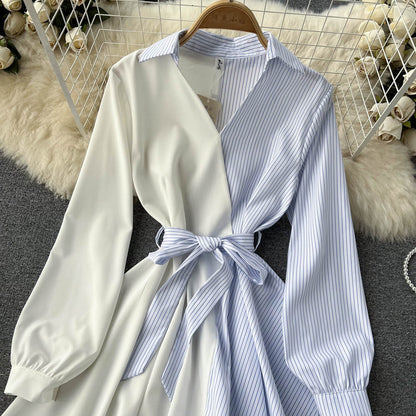 Fashionable Striped Long-sleeved Irregular Dress RF0140