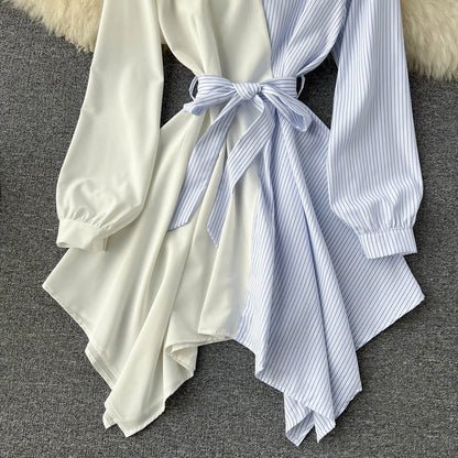 Fashionable Striped Long-sleeved Irregular Dress RF0140
