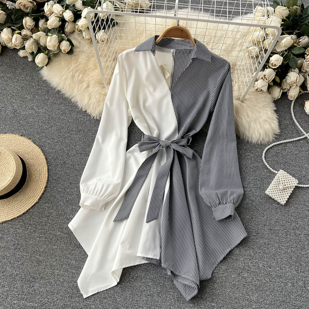 Fashionable Striped Long-sleeved Irregular Dress RF0140