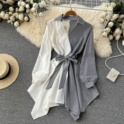 Fashionable Striped Long-sleeved Irregular Dress RF0140