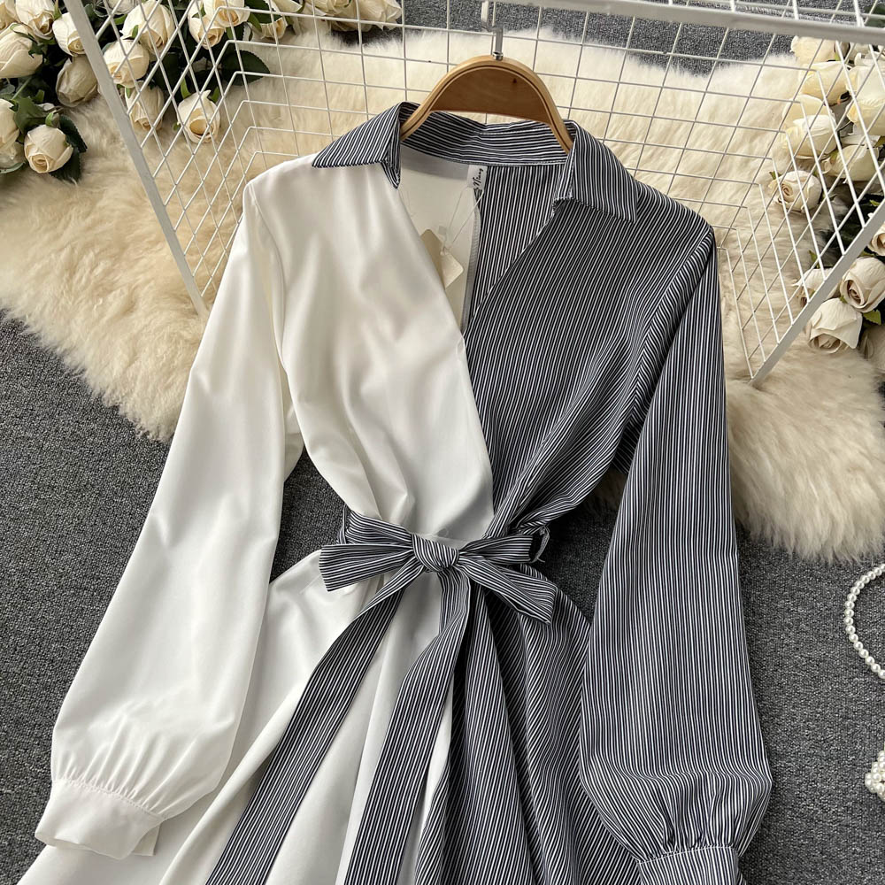 Fashionable Striped Long-sleeved Irregular Dress RF0140