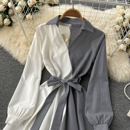Fashionable Striped Long-sleeved Irregular Dress RF0140