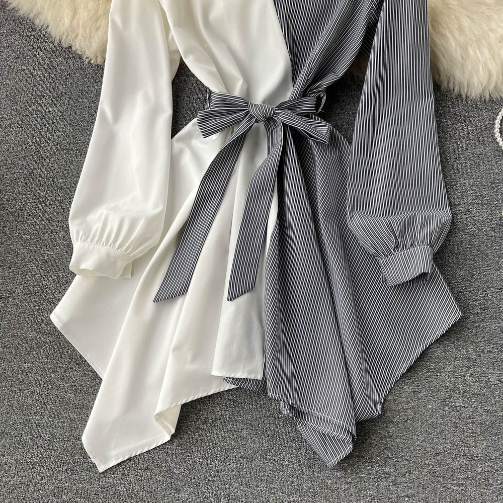 Fashionable Striped Long-sleeved Irregular Dress RF0140