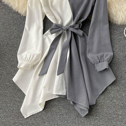 Fashionable Striped Long-sleeved Irregular Dress RF0140