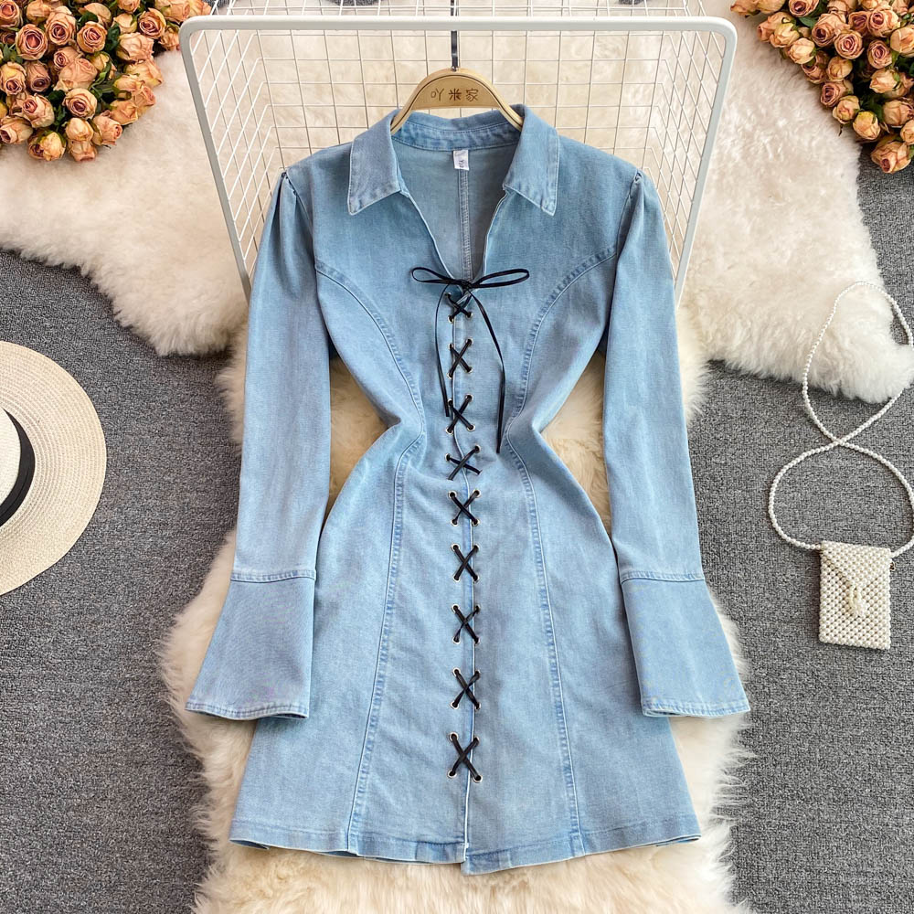 Fashionable Lace-up A Line Denim Dress Fashion Dress RF0139