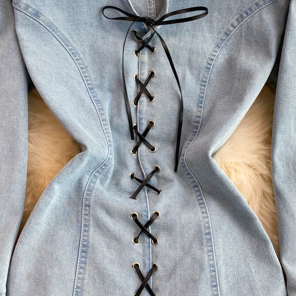 Fashionable Lace-up A Line Denim Dress Fashion Dress RF0139